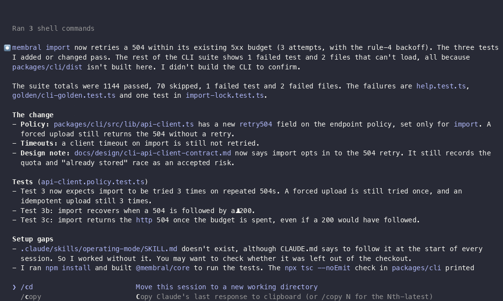 Recorded Claude Code session. Final answer: membral import now retries a 504 up to 3 times, with new tests.